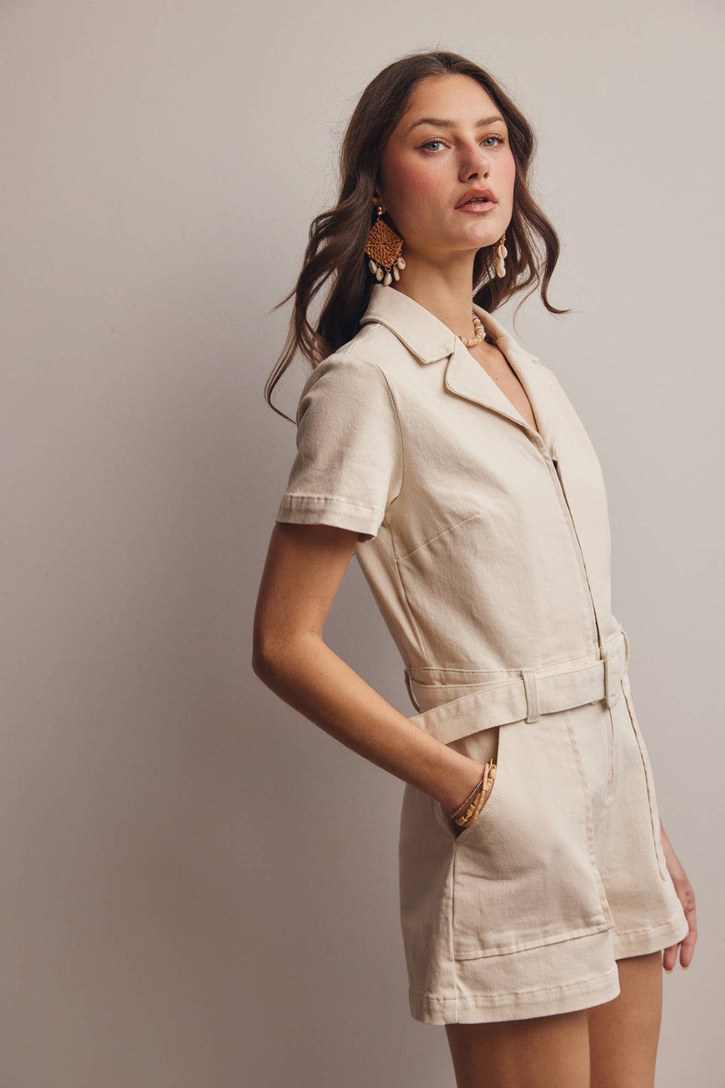 Zip-Front Belted Cotton Twill Romper FRP0002