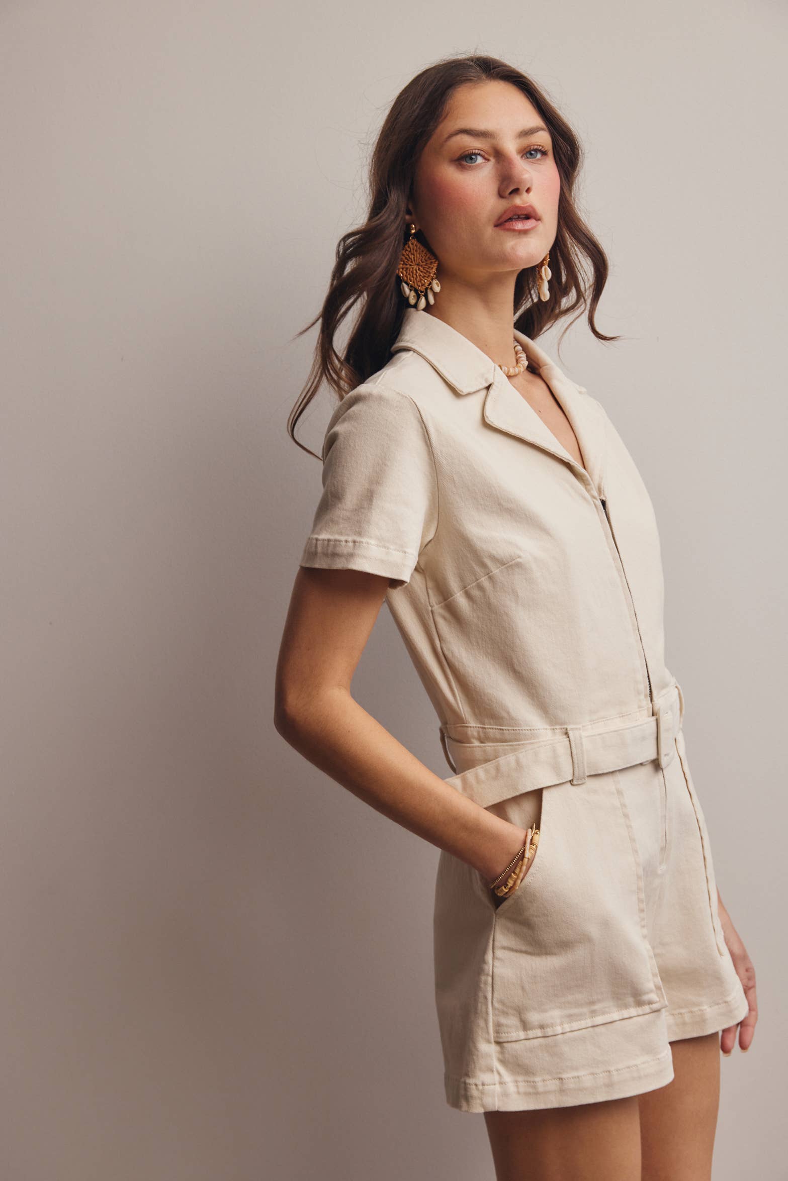 Zip-Front Belted Cotton Twill Romper FRP0002