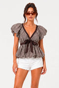 CT10949A - DEEP V NECK BUBBLE HEM GINGHAM BLOUSE TOP