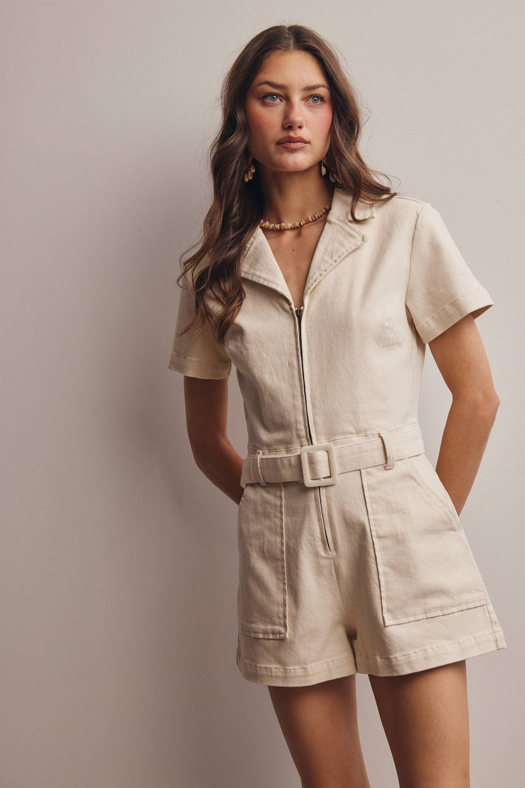 Zip-Front Belted Cotton Twill Romper FRP0002