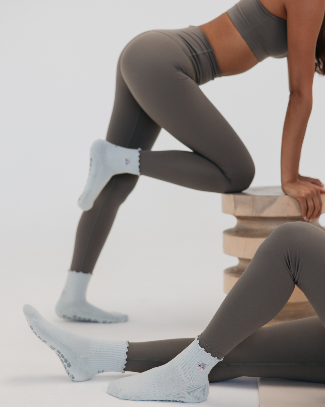 Cat Embroidered Pilates Grip Socks Gray Paw Grips