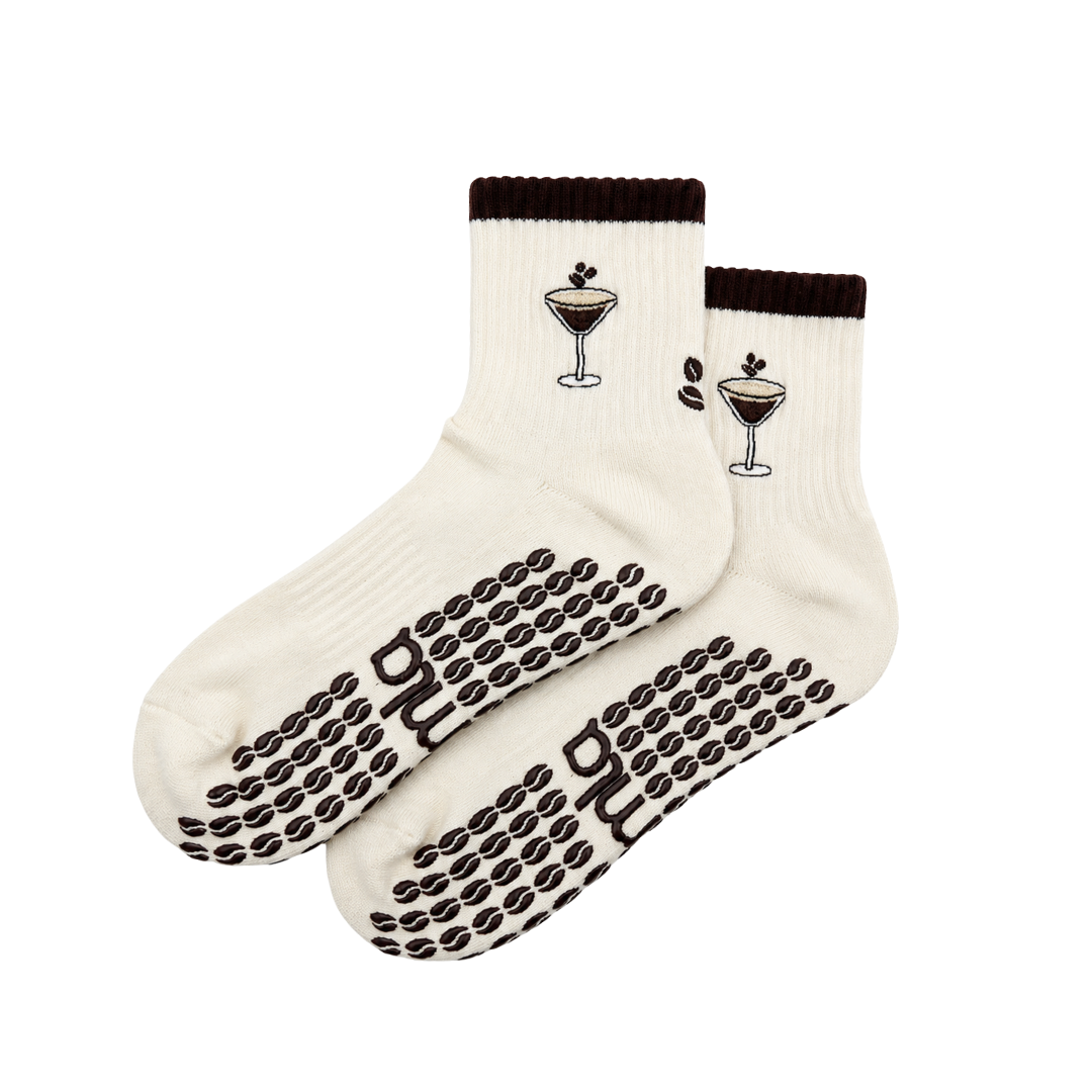 Espresso Martini Embroidered on Cream Pilates Grip Socks