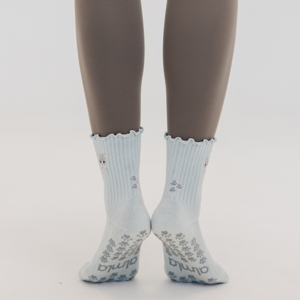Cat Embroidered Pilates Grip Socks Gray Paw Grips