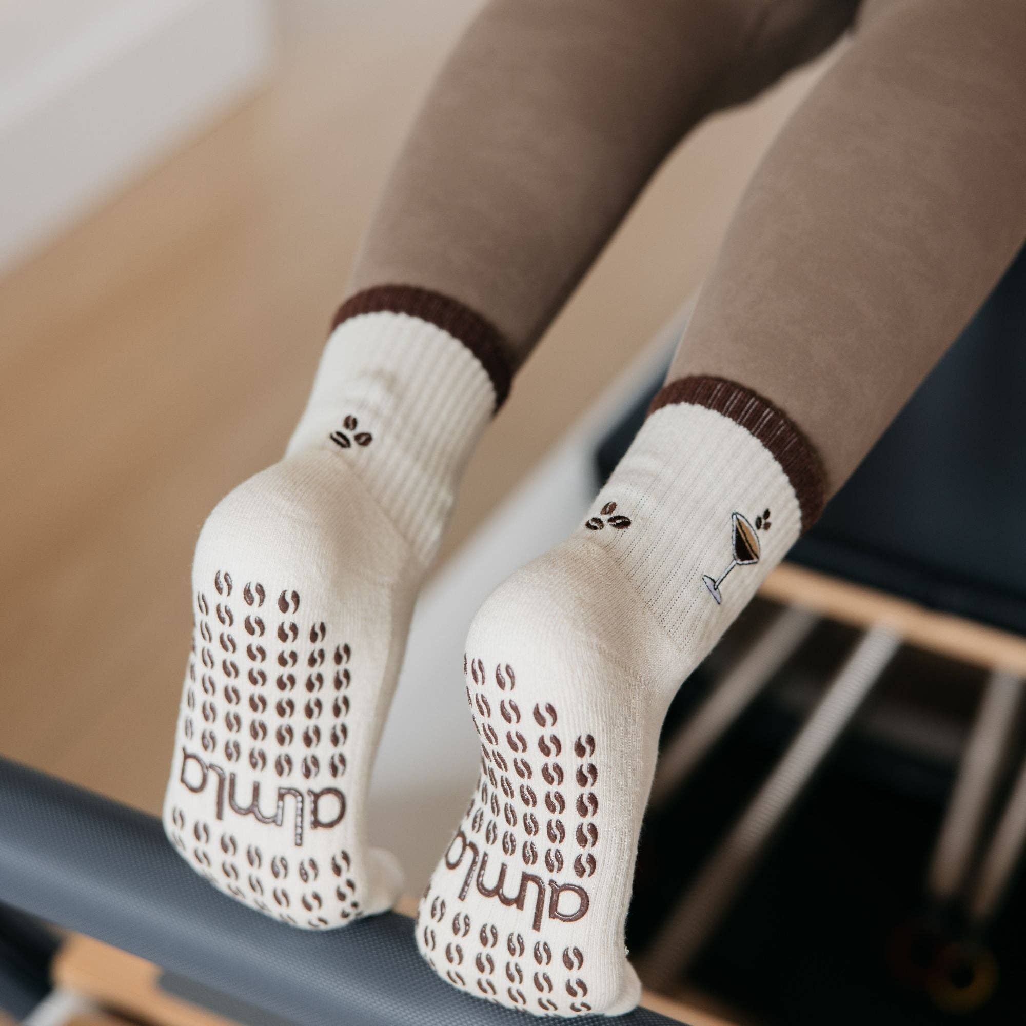 Espresso Martini Embroidered on Cream Pilates Grip Socks