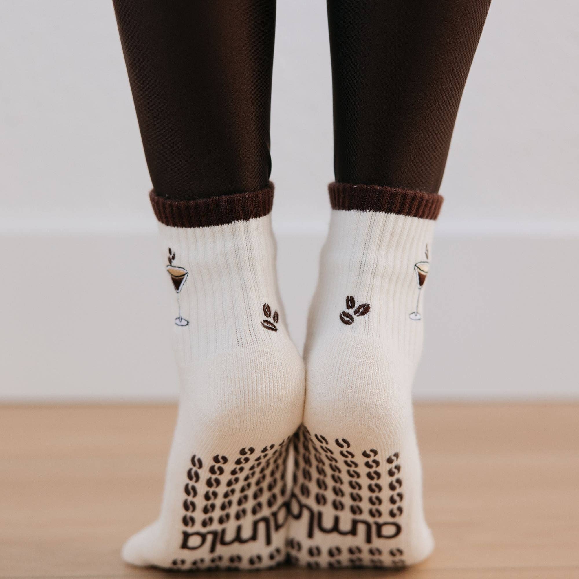 Espresso Martini Embroidered on Cream Pilates Grip Socks