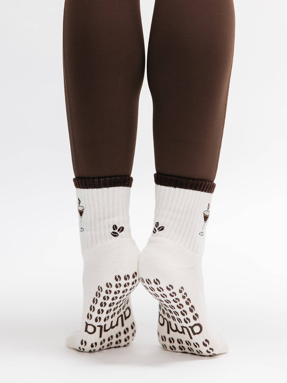 Espresso Martini Embroidered on Cream Pilates Grip Socks
