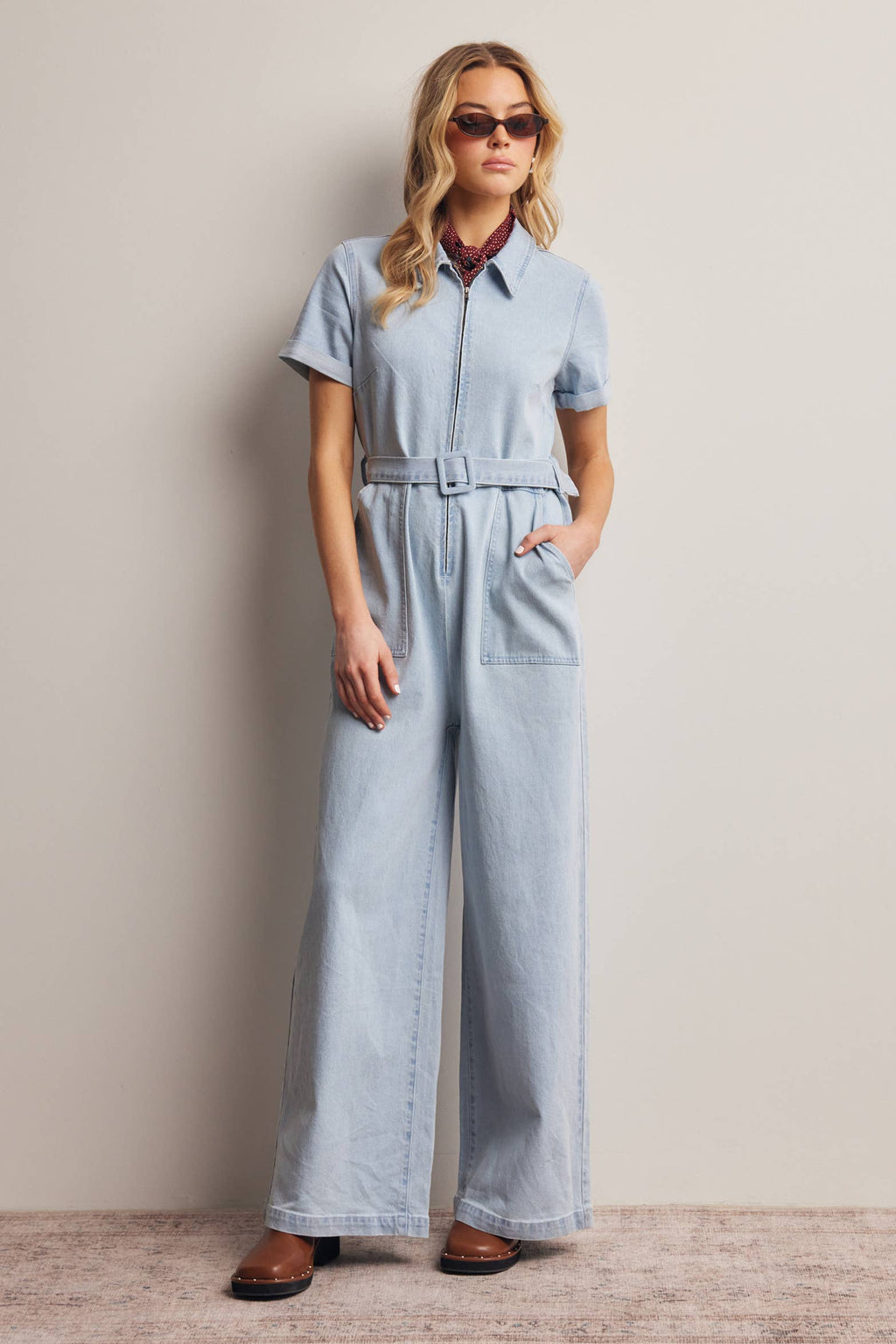 Belted Stretch Denim Wide-Leg Jumpsuit FRP0003
