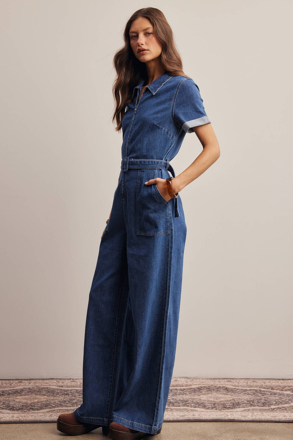 Belted Stretch Denim Wide-Leg Jumpsuit FRP0003