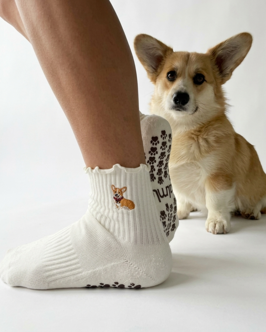Corgi Embroidered Pilates Socks Brown Paw Grips
