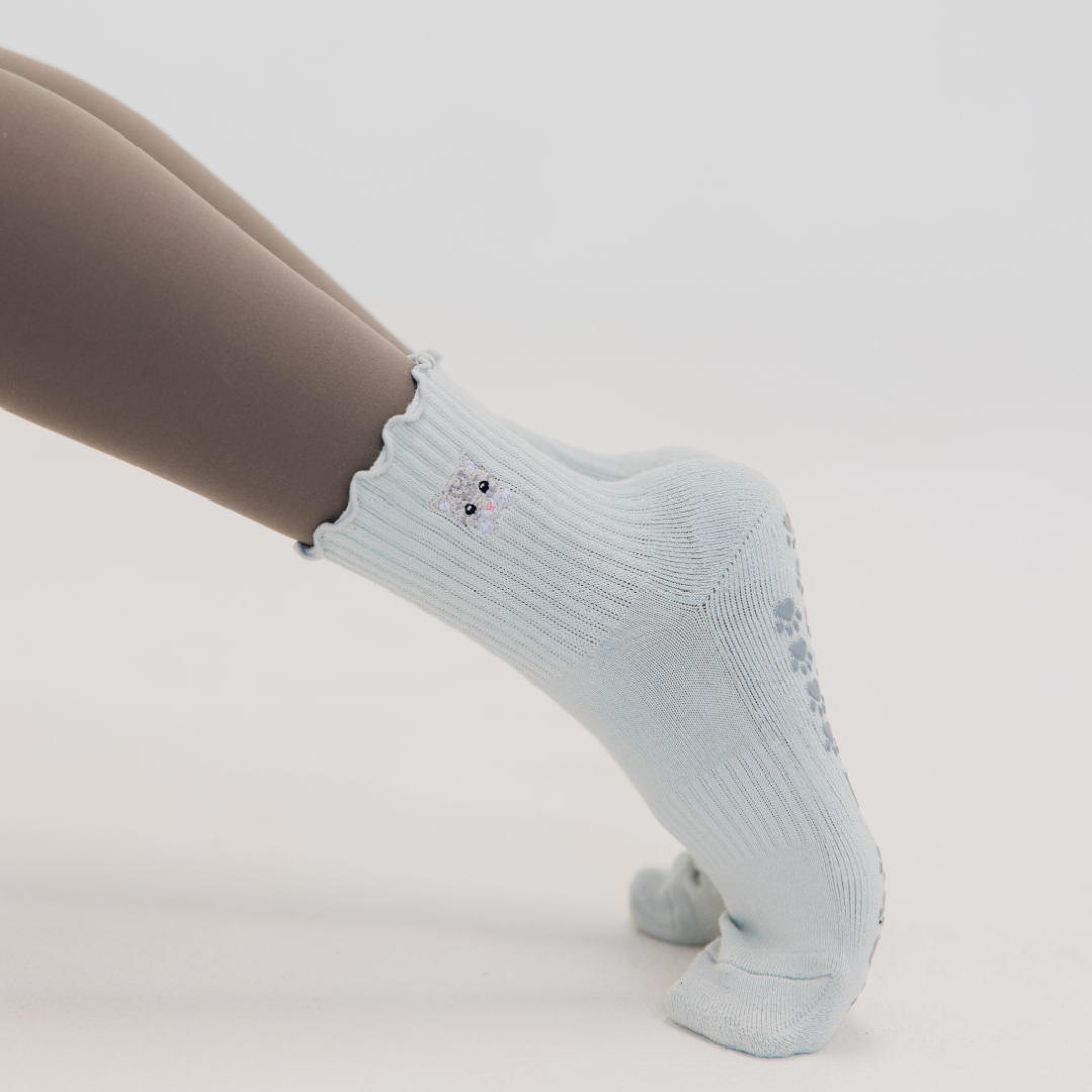 Cat Embroidered Pilates Grip Socks Gray Paw Grips