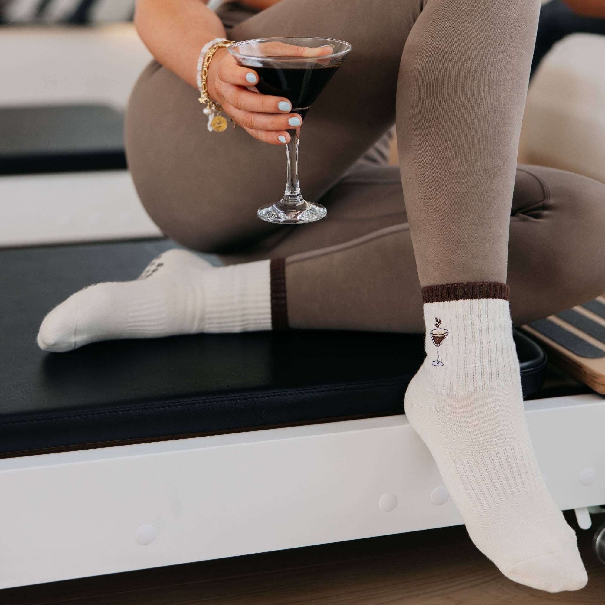 Espresso Martini Embroidered on Cream Pilates Grip Socks