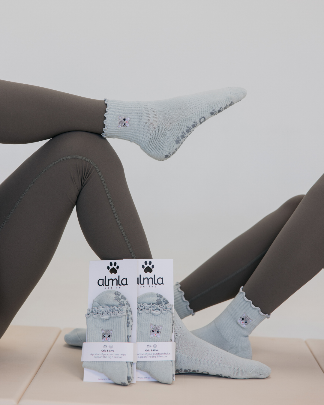 Cat Embroidered Pilates Grip Socks Gray Paw Grips