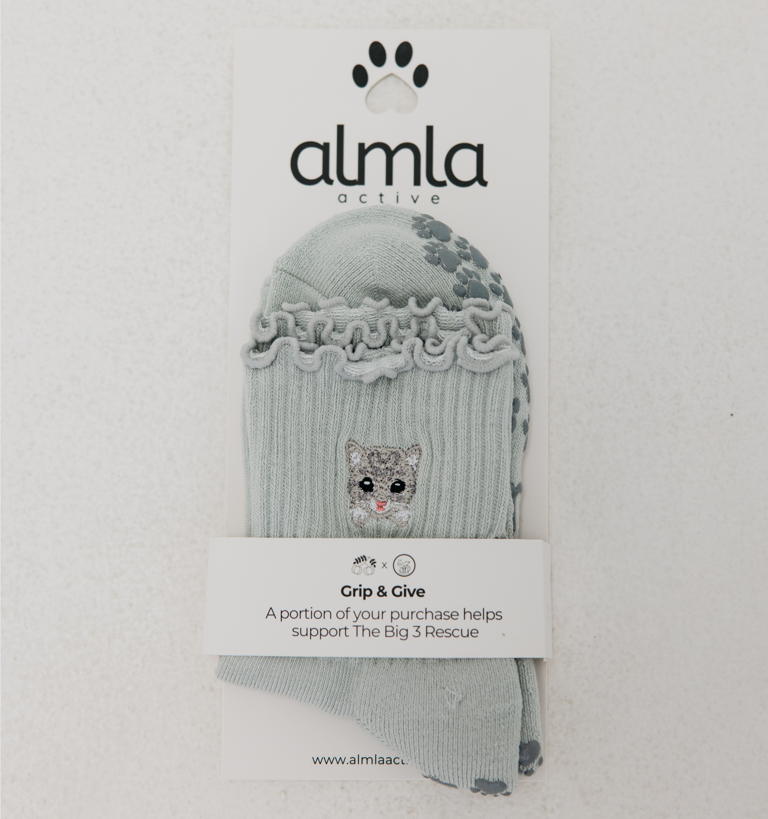 Cat Embroidered Pilates Grip Socks Gray Paw Grips