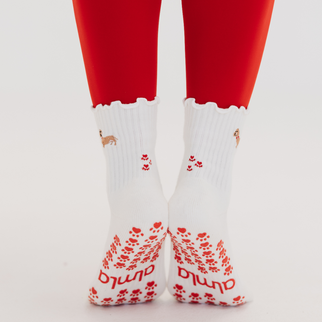 Dachshund Embroidered Pilates Socks Red Paw Grips