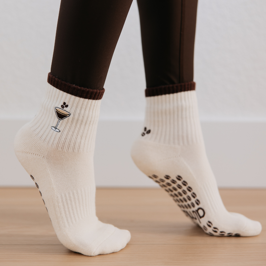 Espresso Martini Embroidered on Cream Pilates Grip Socks