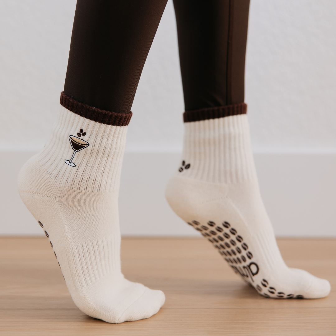 Espresso Martini Embroidered on Cream Pilates Grip Socks