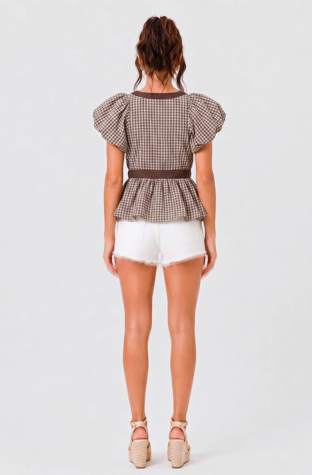CT10949A - DEEP V NECK BUBBLE HEM GINGHAM BLOUSE TOP