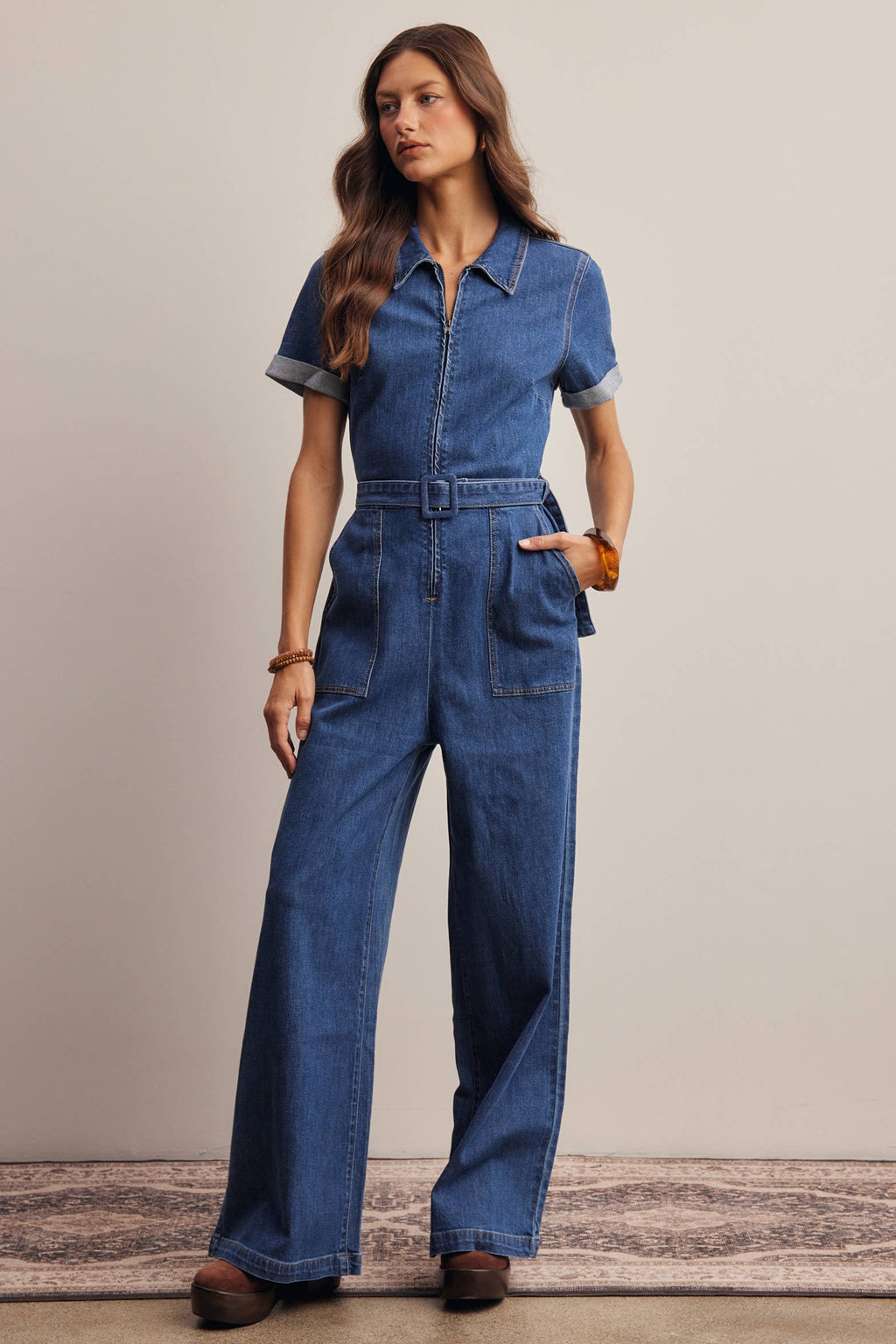 Belted Stretch Denim Wide-Leg Jumpsuit FRP0003