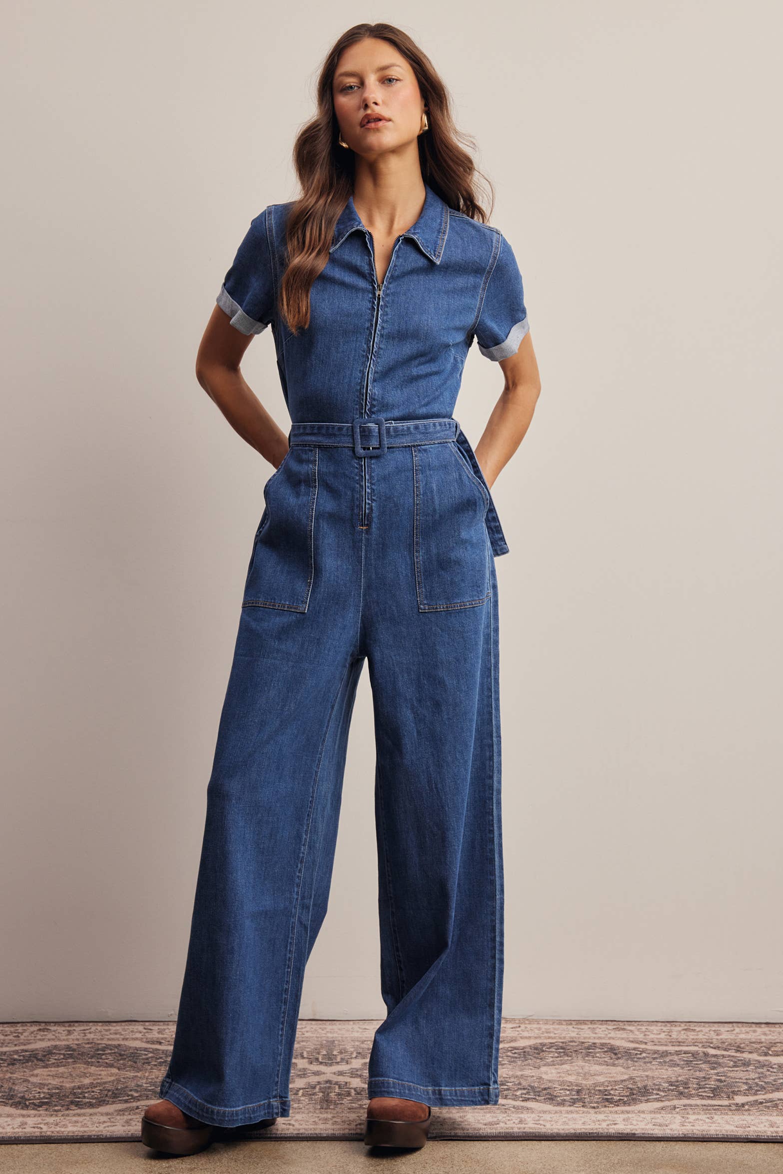 Belted Stretch Denim Wide-Leg Jumpsuit FRP0003