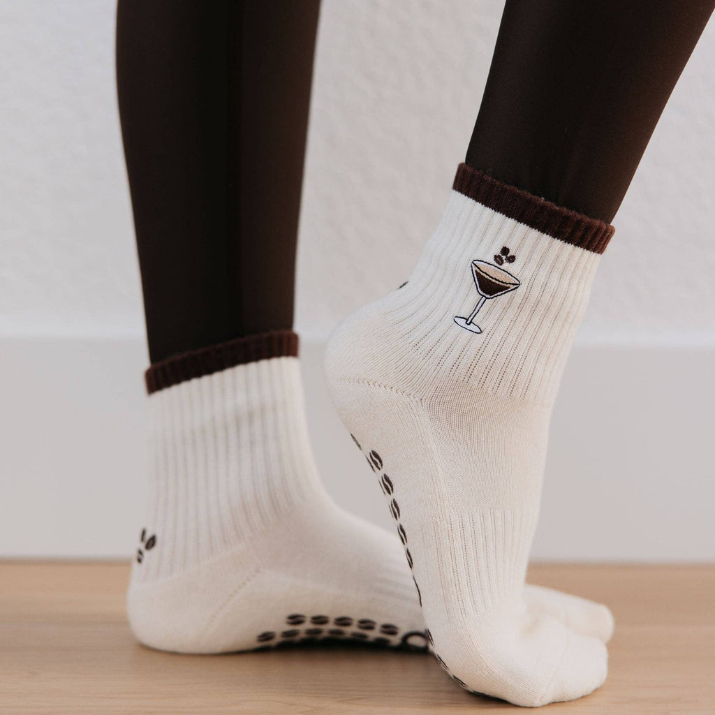 Espresso Martini Embroidered on Cream Pilates Grip Socks