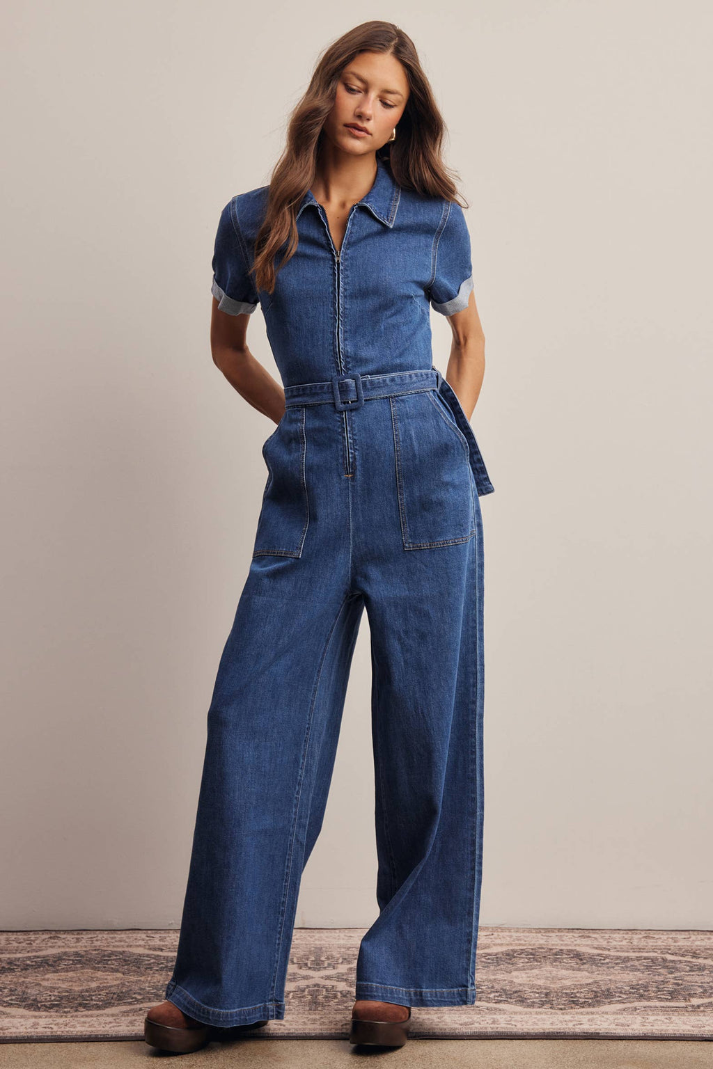 Belted Stretch Denim Wide-Leg Jumpsuit FRP0003