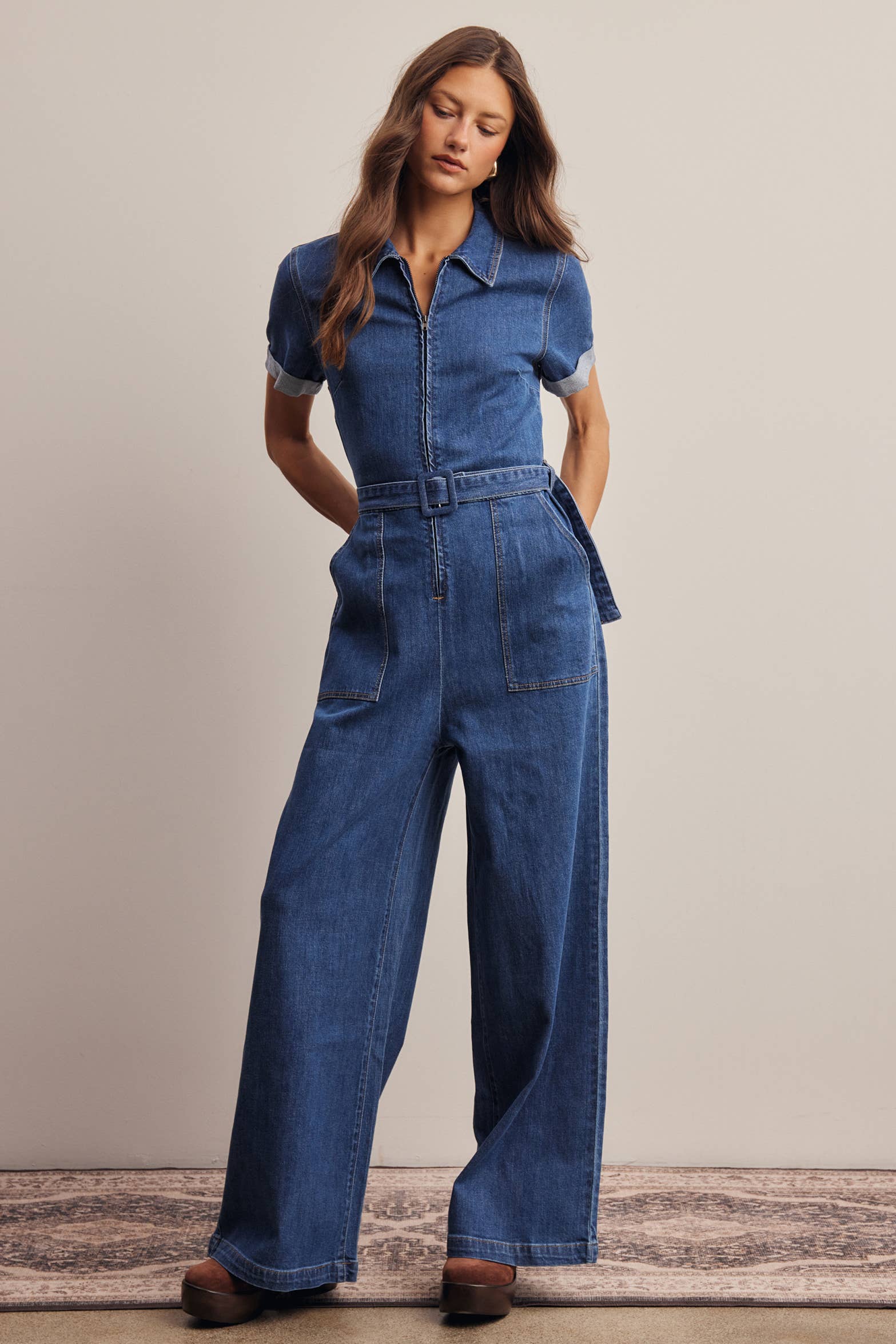 Belted Stretch Denim Wide-Leg Jumpsuit FRP0003