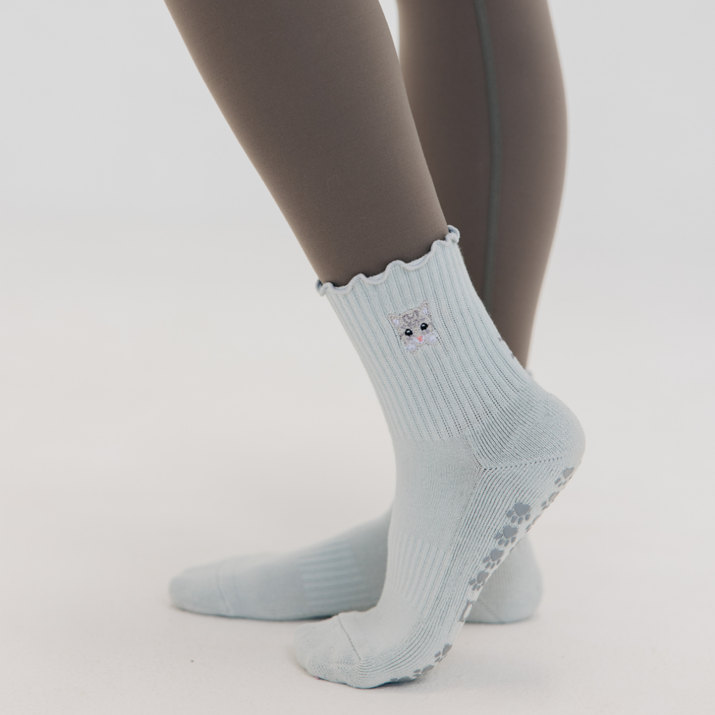 Cat Embroidered Pilates Grip Socks Gray Paw Grips