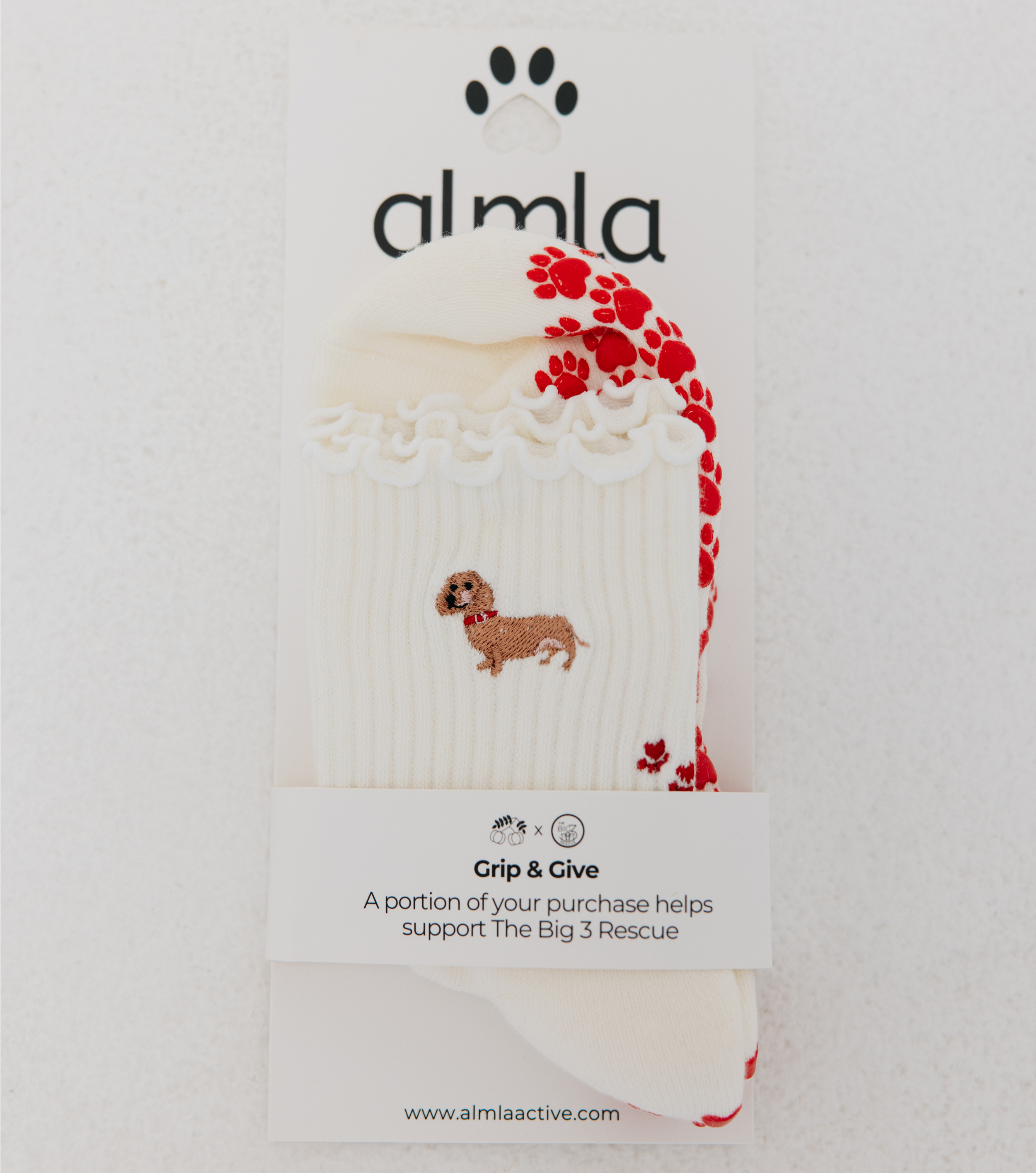 Dachshund Embroidered Pilates Socks Red Paw Grips