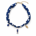 Coastal Fish Charm Scarf Necklace – Navy Polka Dot Satin