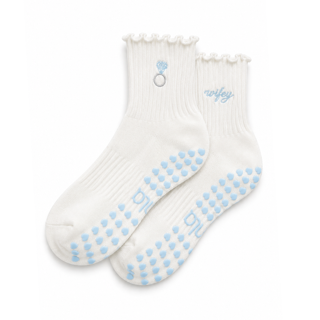 Diamond Ring Wifey Embroidery Cream Bridal Pilates Grip Sock