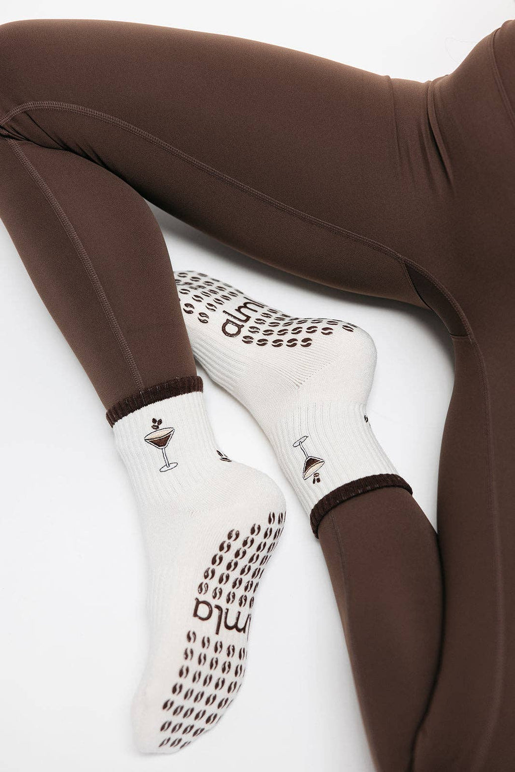 Espresso Martini Embroidered on Cream Pilates Grip Socks