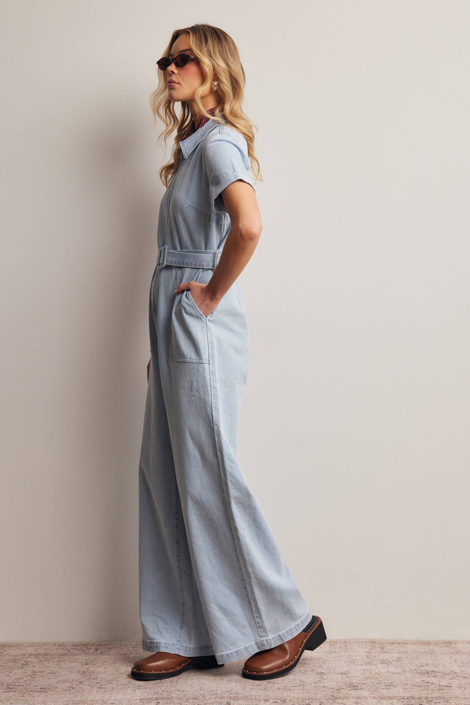Belted Stretch Denim Wide-Leg Jumpsuit FRP0003