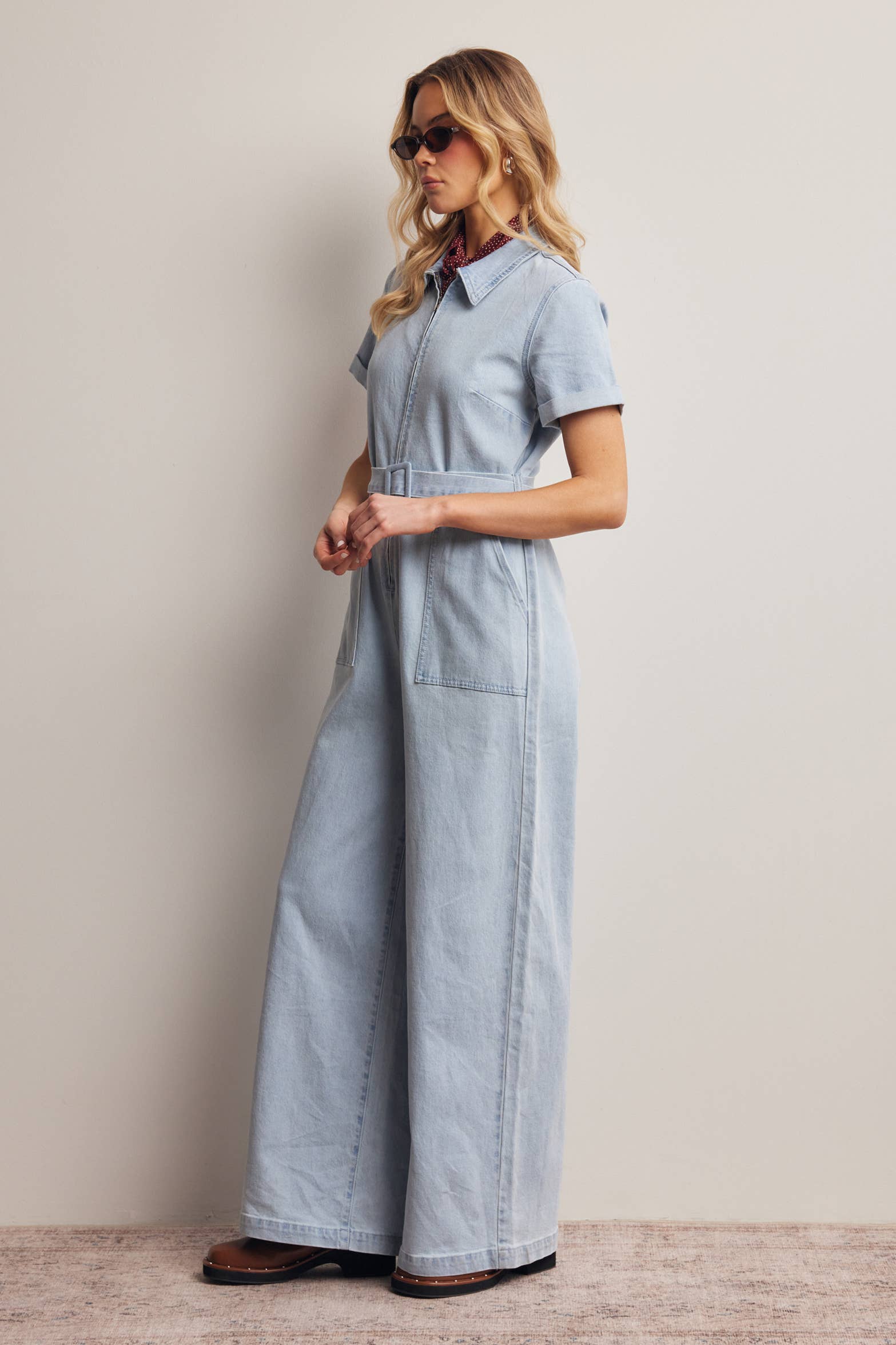 Belted Stretch Denim Wide-Leg Jumpsuit FRP0003