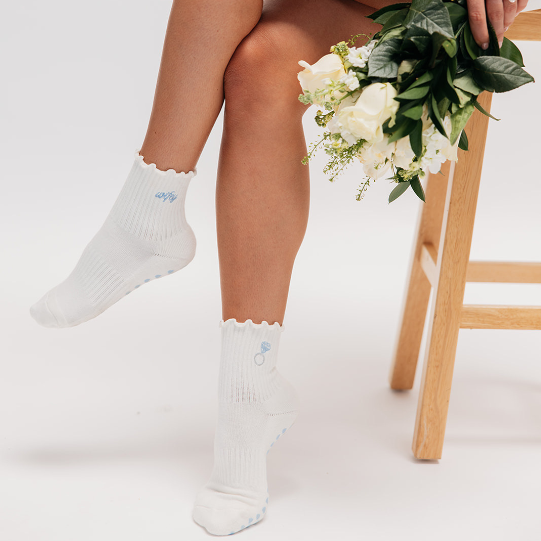 Diamond Ring Wifey Embroidery Cream Bridal Pilates Grip Sock