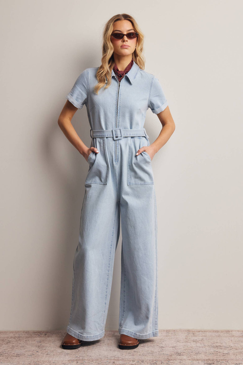 Belted Stretch Denim Wide-Leg Jumpsuit FRP0003