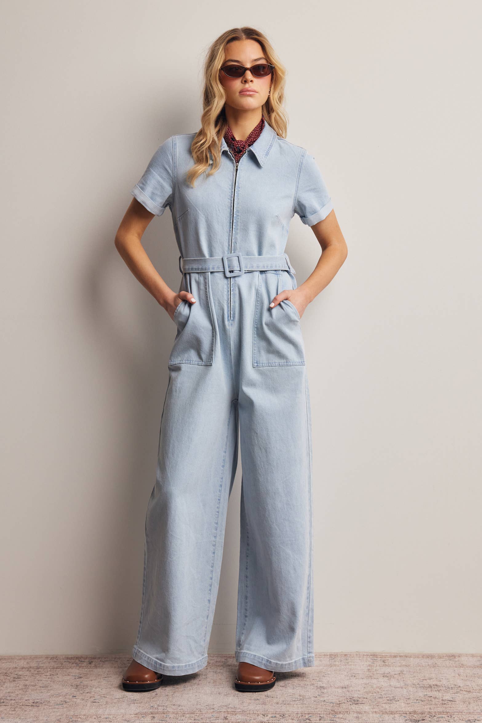 Belted Stretch Denim Wide-Leg Jumpsuit FRP0003