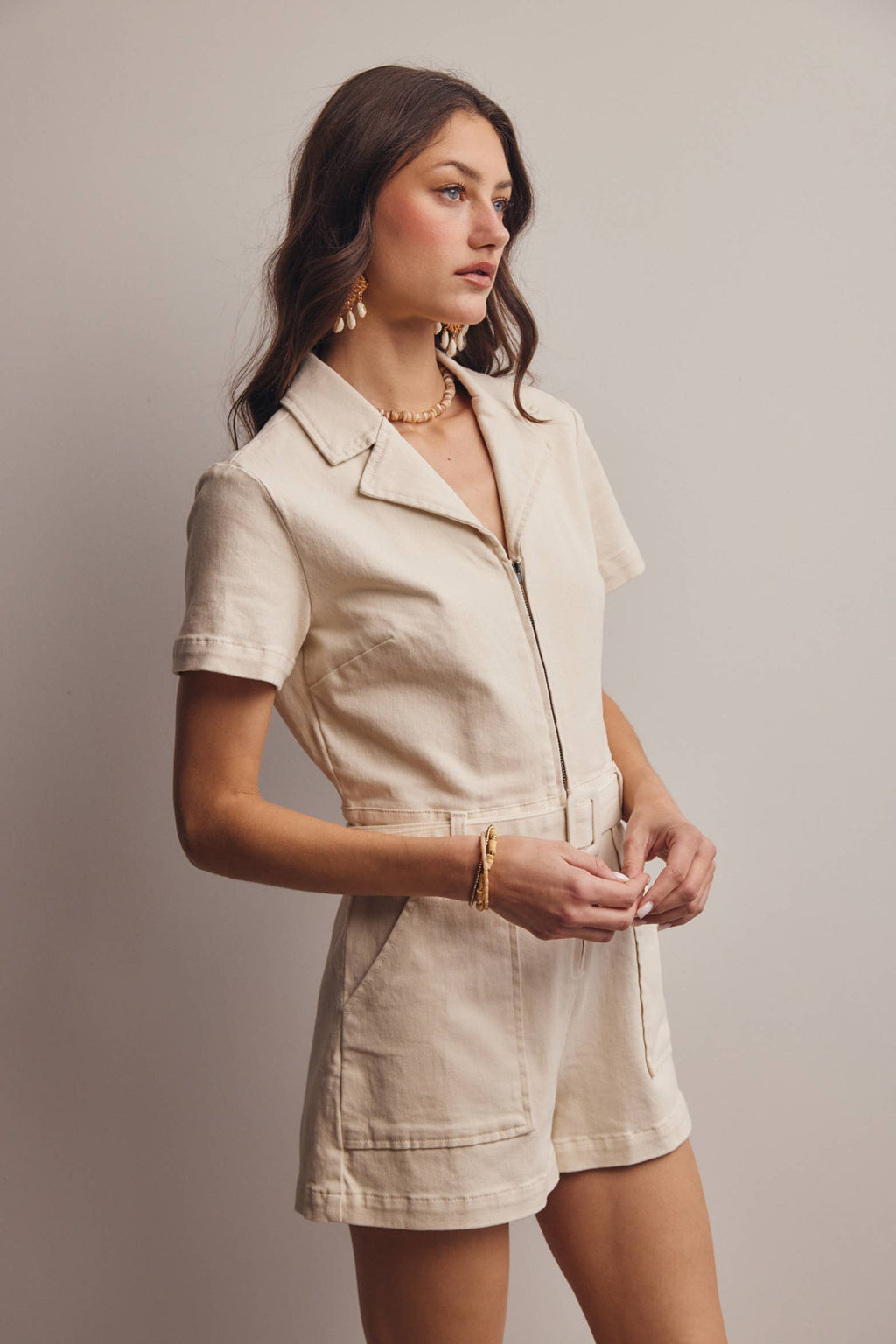 Zip-Front Belted Cotton Twill Romper FRP0002