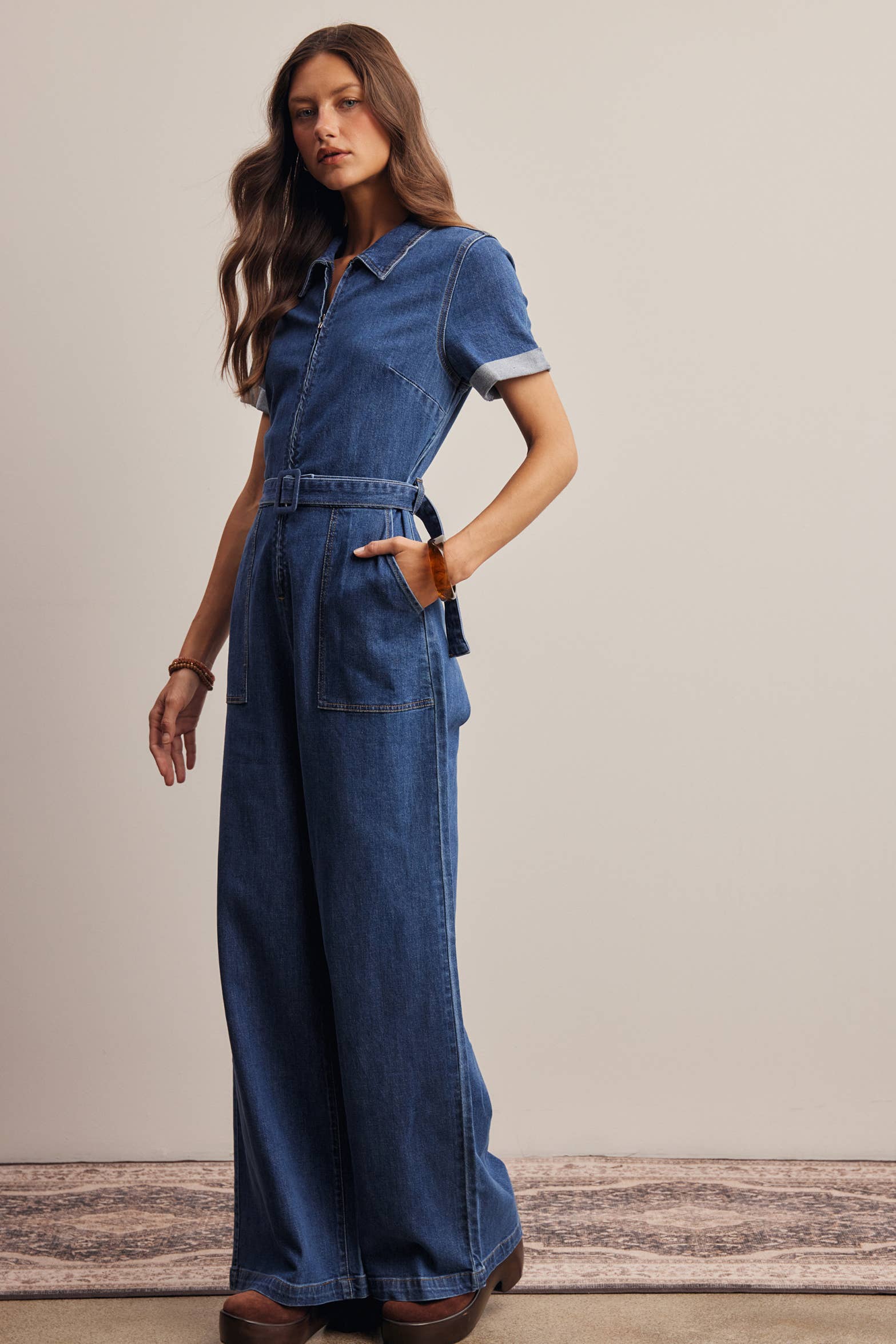 Belted Stretch Denim Wide-Leg Jumpsuit FRP0003