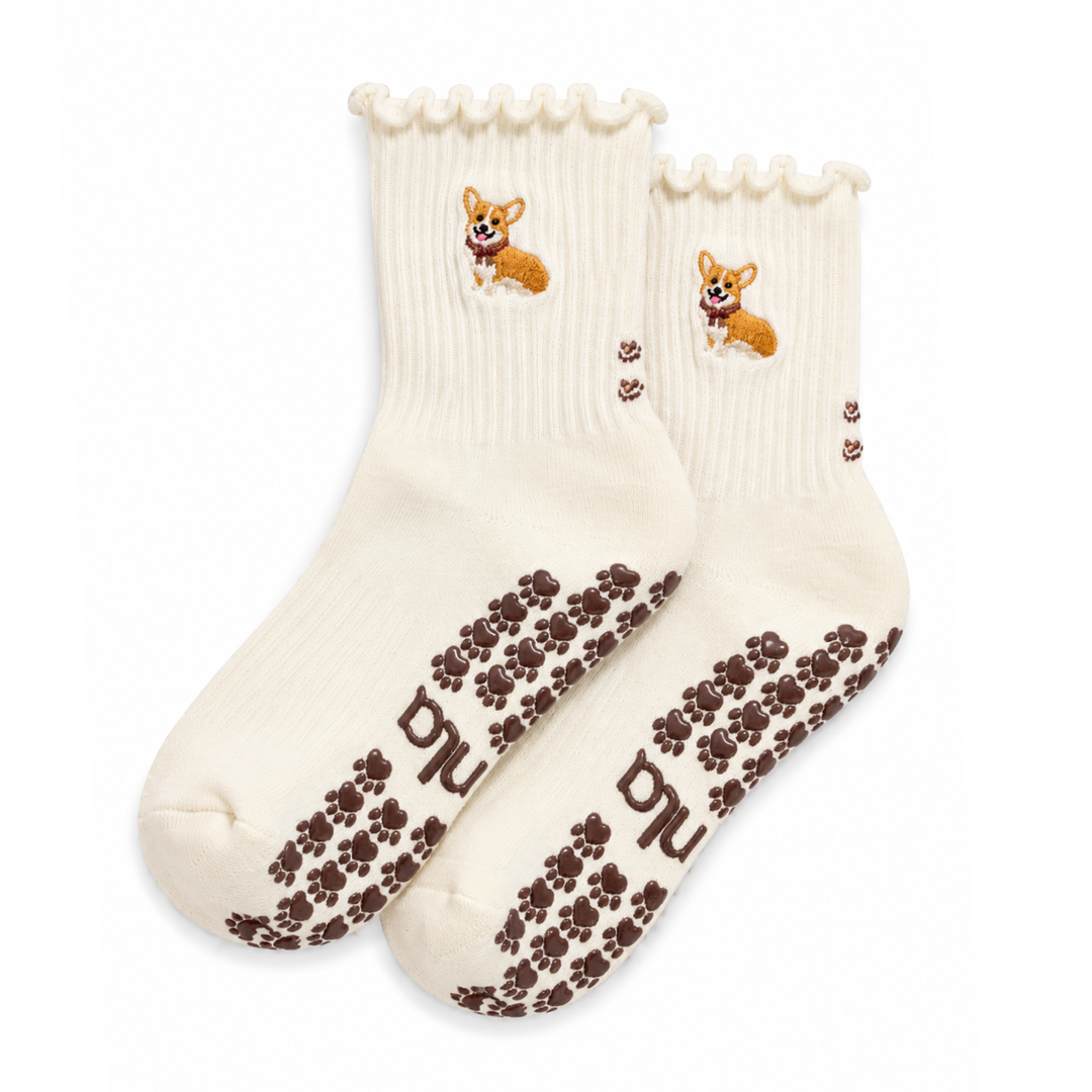 Corgi Embroidered Pilates Socks Brown Paw Grips