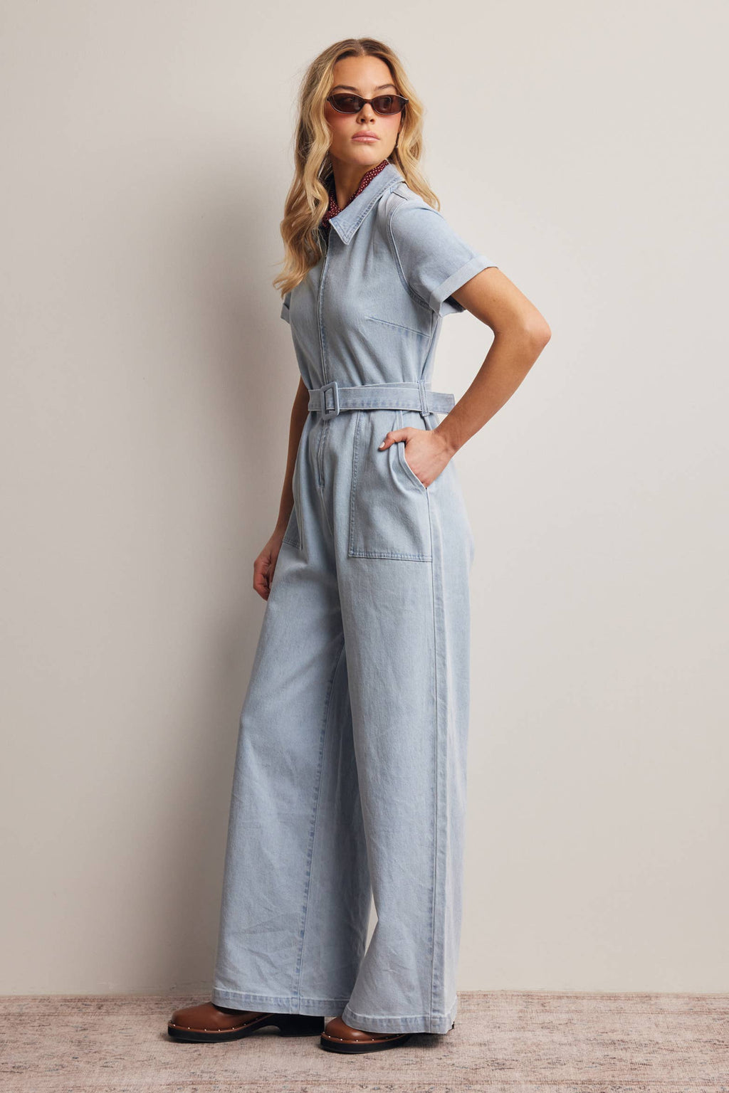 Belted Stretch Denim Wide-Leg Jumpsuit FRP0003