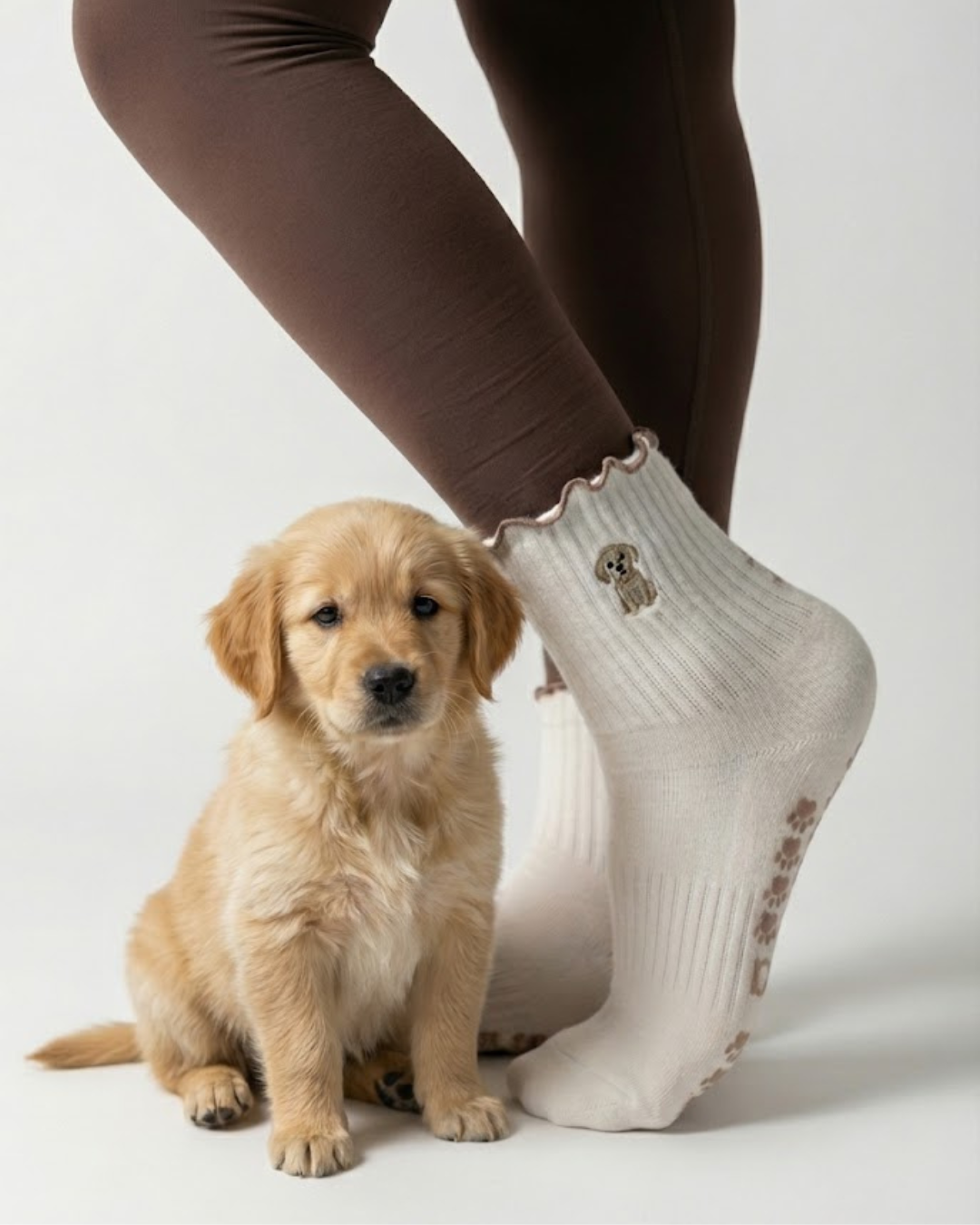 Golden Retriever Ruffle Pilates Socks Brown Paw Shaped Grips