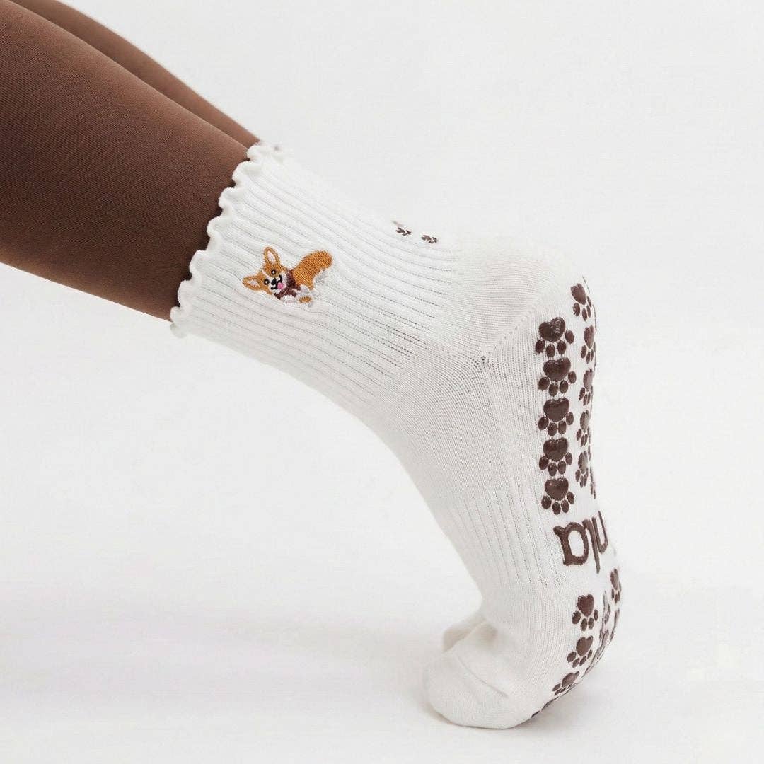Corgi Embroidered Pilates Socks Brown Paw Grips