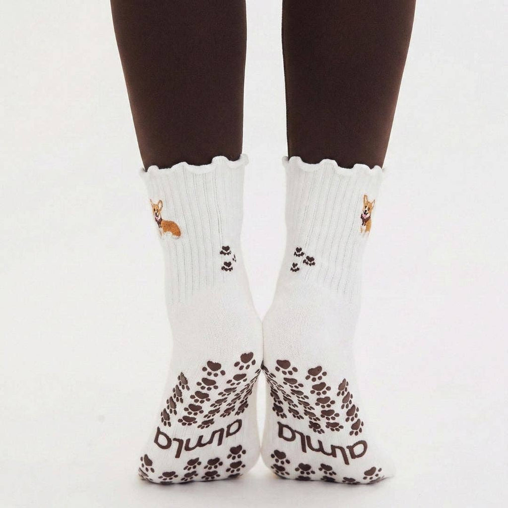 Corgi Embroidered Pilates Socks Brown Paw Grips