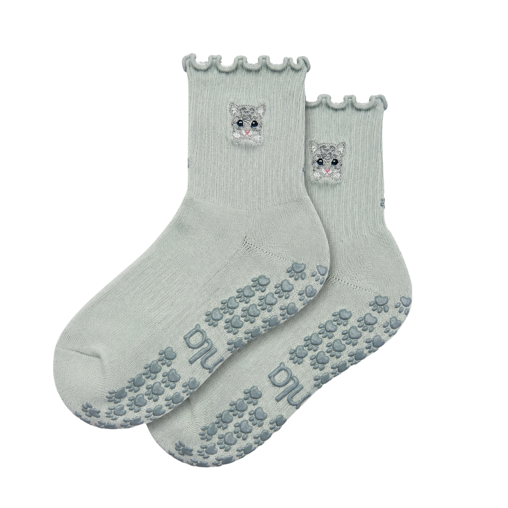 Cat Embroidered Pilates Grip Socks Gray Paw Grips