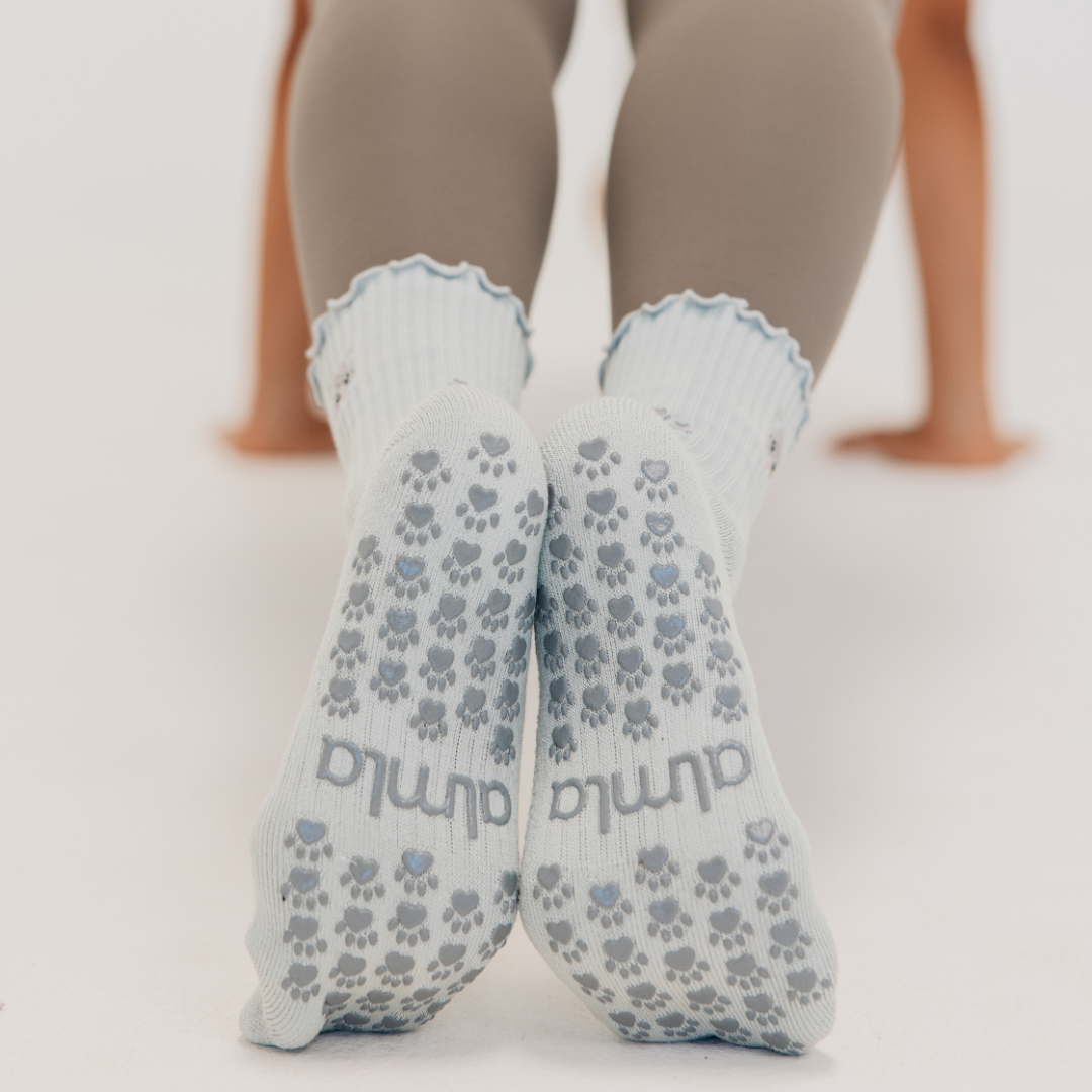 Cat Embroidered Pilates Grip Socks Gray Paw Grips