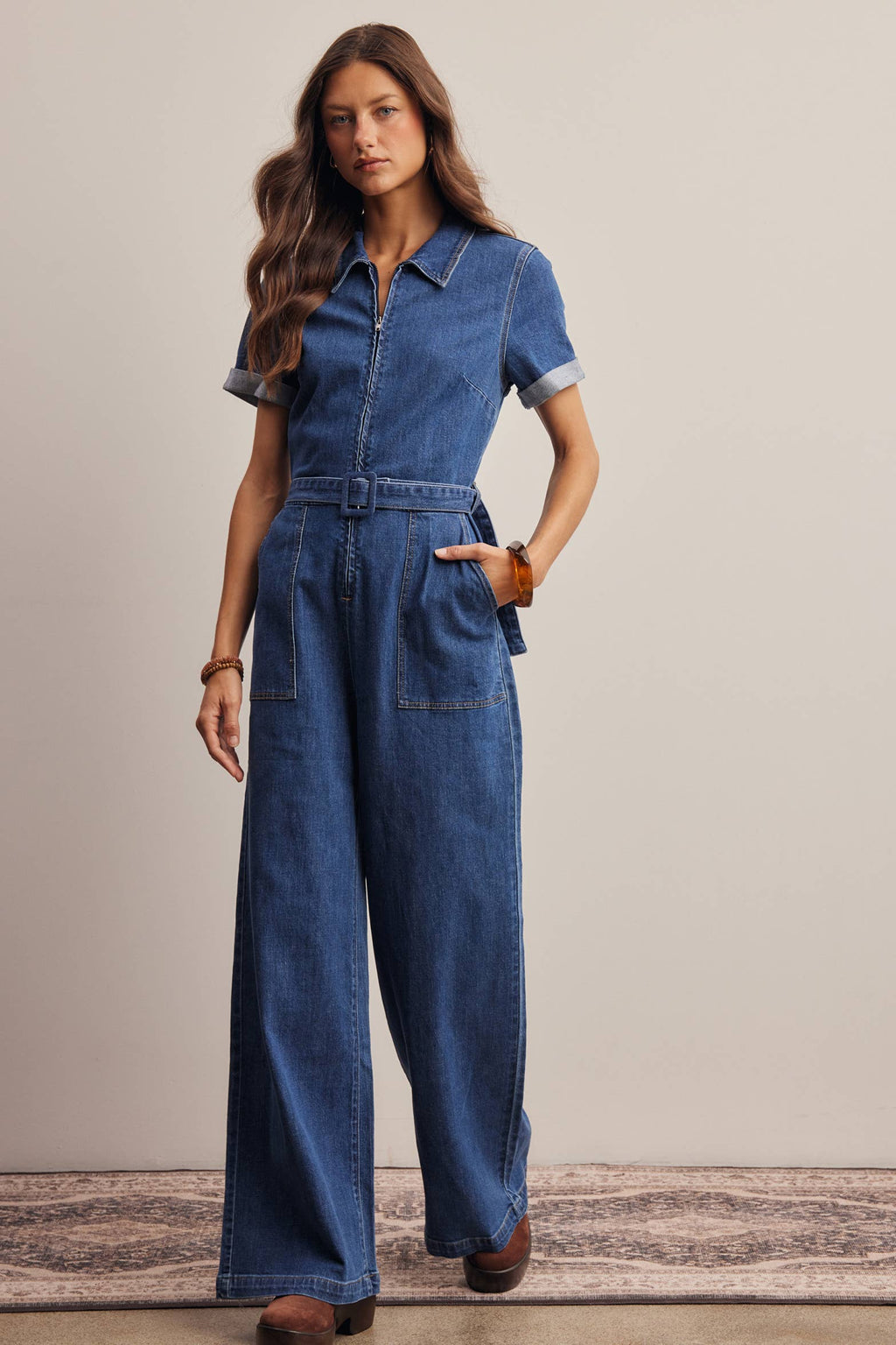 Belted Stretch Denim Wide-Leg Jumpsuit FRP0003