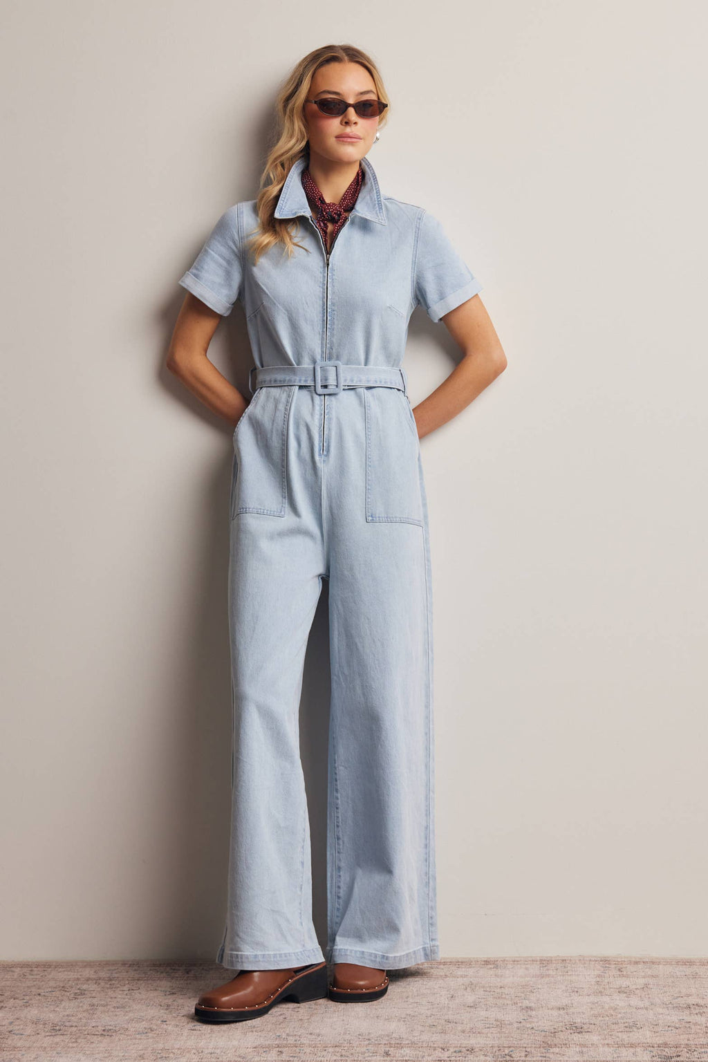 Belted Stretch Denim Wide-Leg Jumpsuit FRP0003