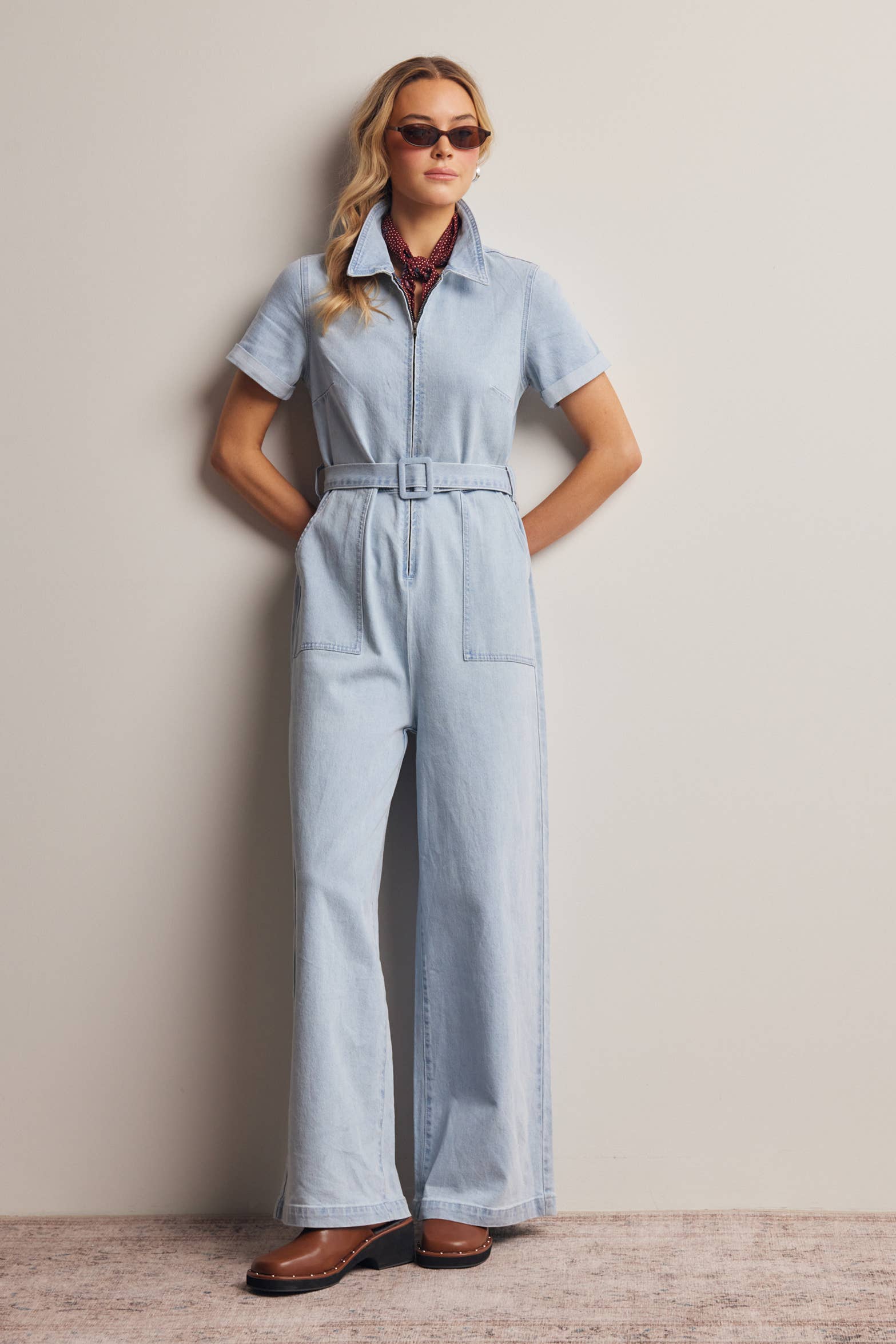 Belted Stretch Denim Wide-Leg Jumpsuit FRP0003