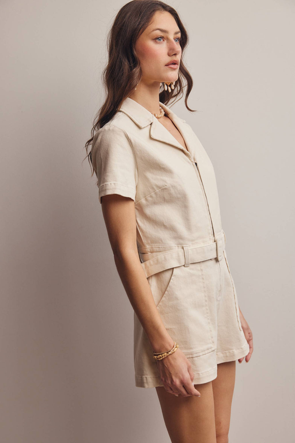 Zip-Front Belted Cotton Twill Romper FRP0002