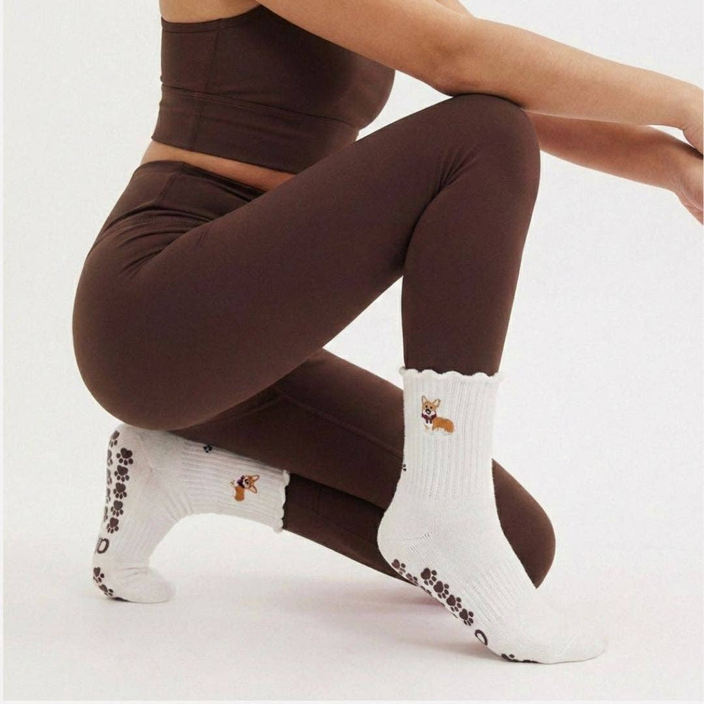 Corgi Embroidered Pilates Socks Brown Paw Grips